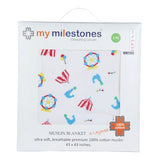 My Milestones 100% Cotton Muslin Baby Blanket - 6 Layered (43x43 inches) - Carnival T. Blue Print