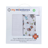 My Milestones 100% Cotton 3 in 1 Muslin Double Cloth (2 Layers) Baby Swaddle Wrapper - Pack of 2 - Zoo print Blue