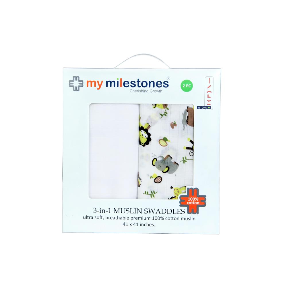 My Milestones 100% Cotton 3 in 1 Muslin Double Cloth (2 Layers) Baby Swaddle Wrapper - Pack Of 2 - Zoo Print Lemon Yellow