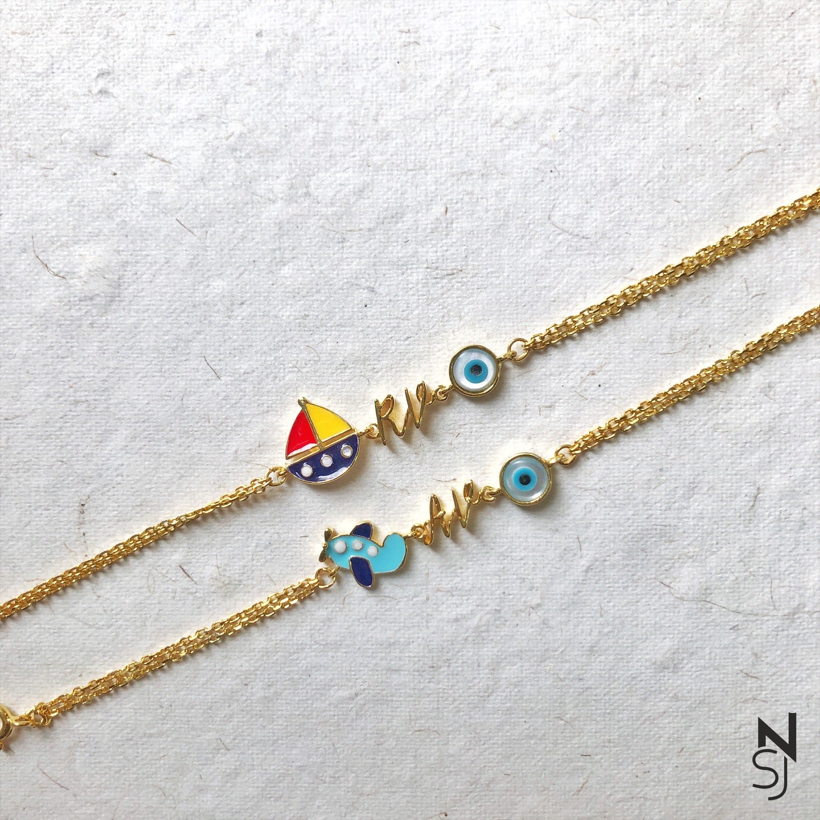 Custom Name Aeroplane with Evil Eye Bracelet
