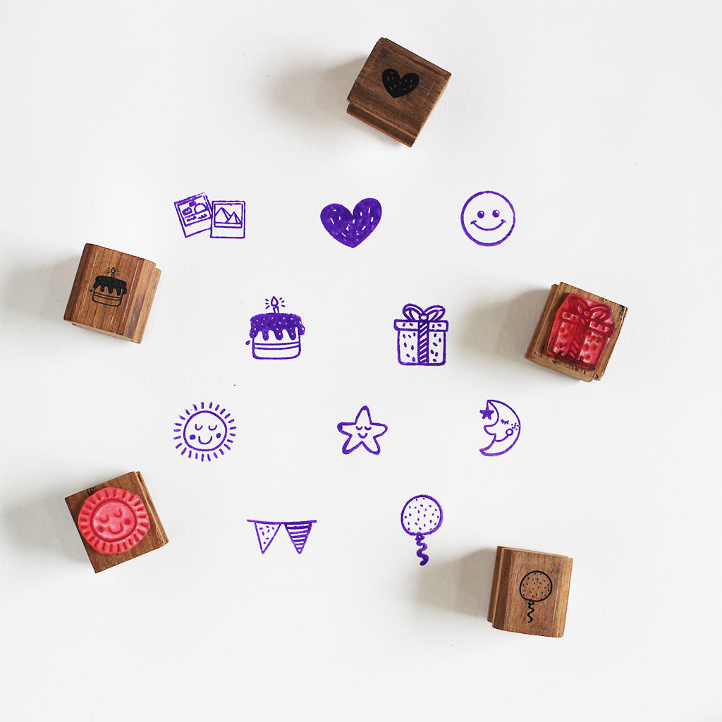 Wooden Craft Icon Stamps Ten Stamps Set With Stamp Pad - Celebration