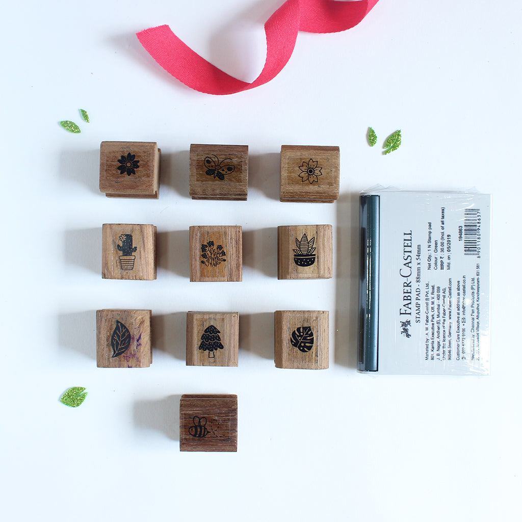 Wooden Craft Icon Stamps Ten Stamps Set With Stamp Pad - Nature