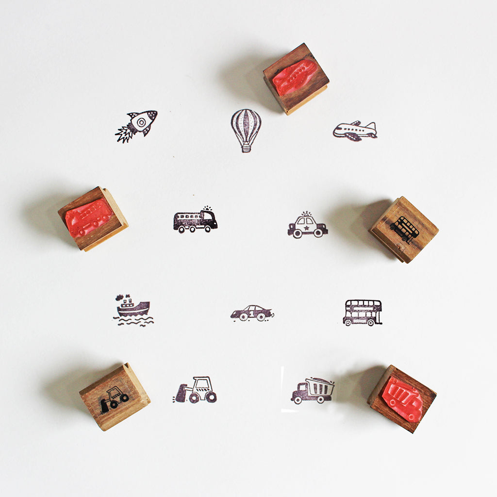 Wooden Craft Icon Stamps Ten Stamps Set With Stamp Pad - Vehicles