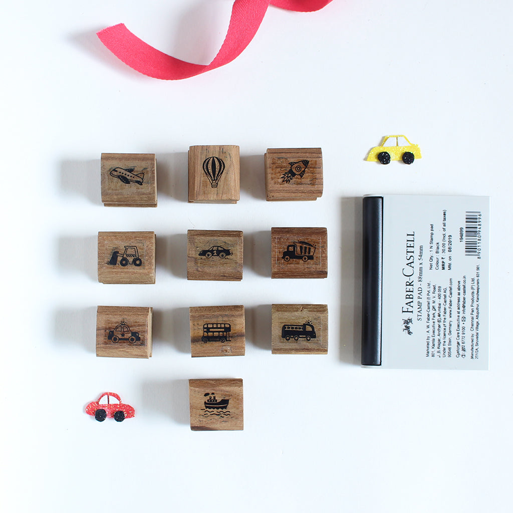 Wooden Craft Icon Stamps Ten Stamps Set With Stamp Pad - Vehicles