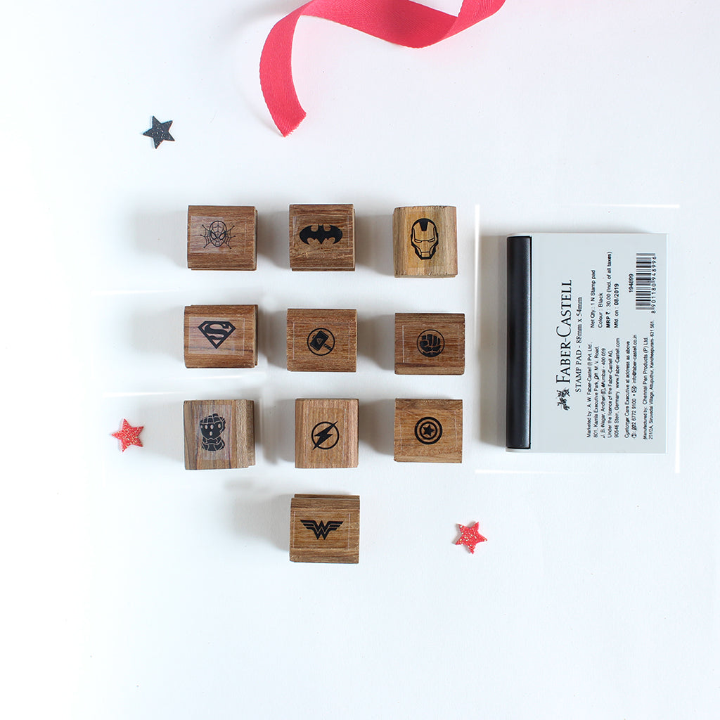 Wooden Craft Icon Stamps Ten Stamps Set With Stamp Pad - Superheroes