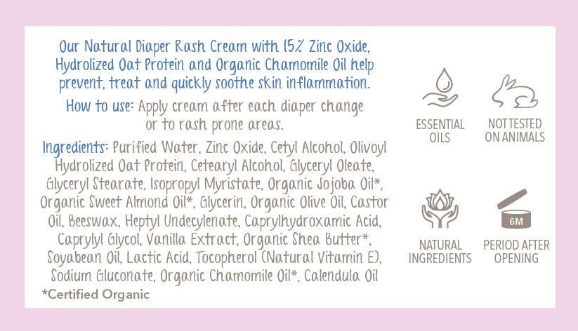 Natural Diaper Rash Cream with Zinc Oxide, Organic Chamomile Oil and Hydrolized Oat Protein