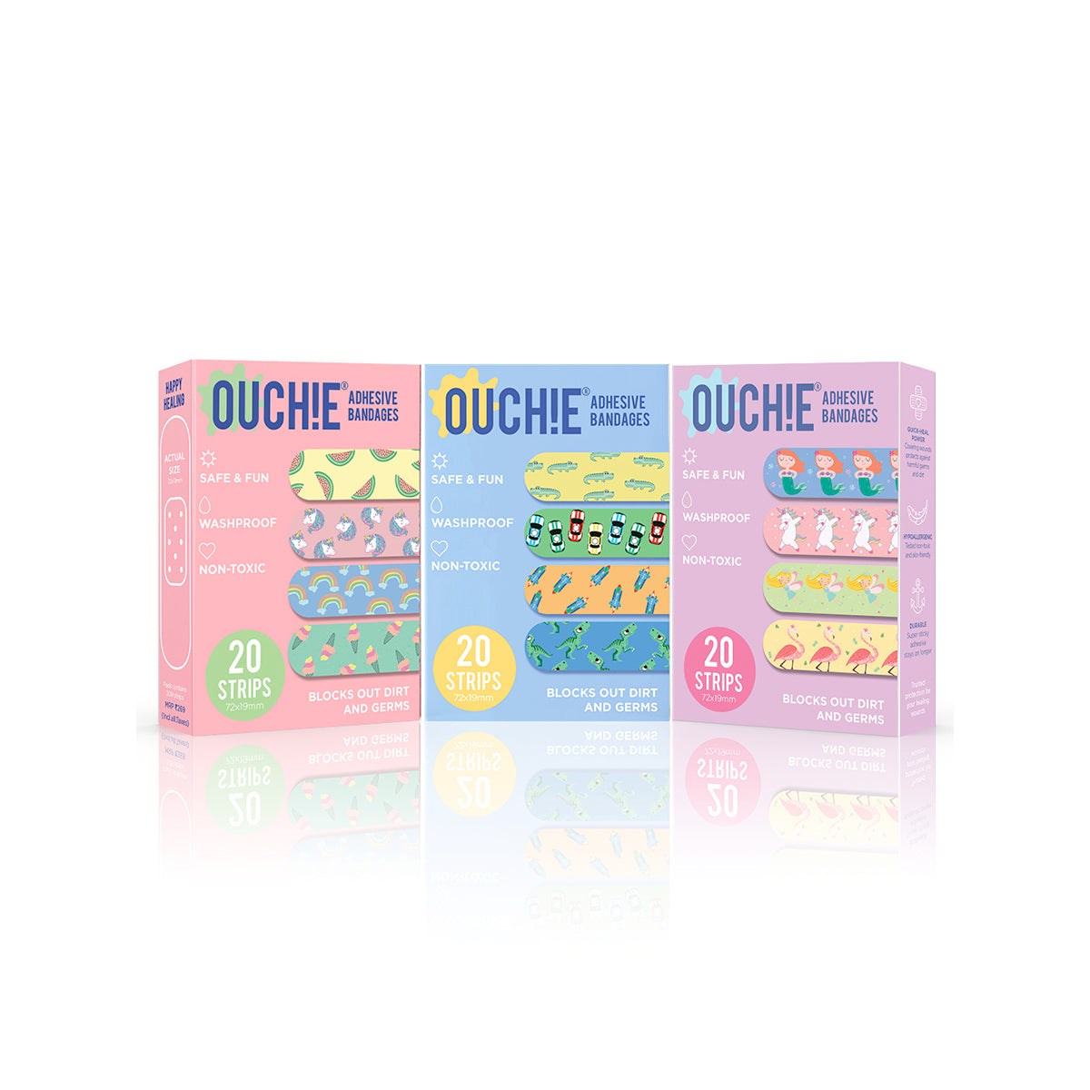 Ouchie Non-Toxic Printed Bandages COMBO Set of 3 (3 x 20= 60 Pack)- (PINK, BLUE & LAVENDER)