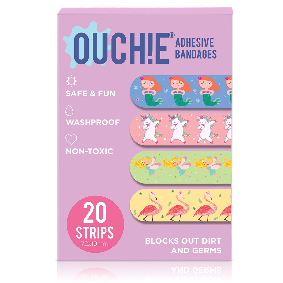 Ouchie Non-Toxic Printed Bandages Quadruple Set (80 Pack)- (PINK, ORANGE, BLUE & LAVENDER)