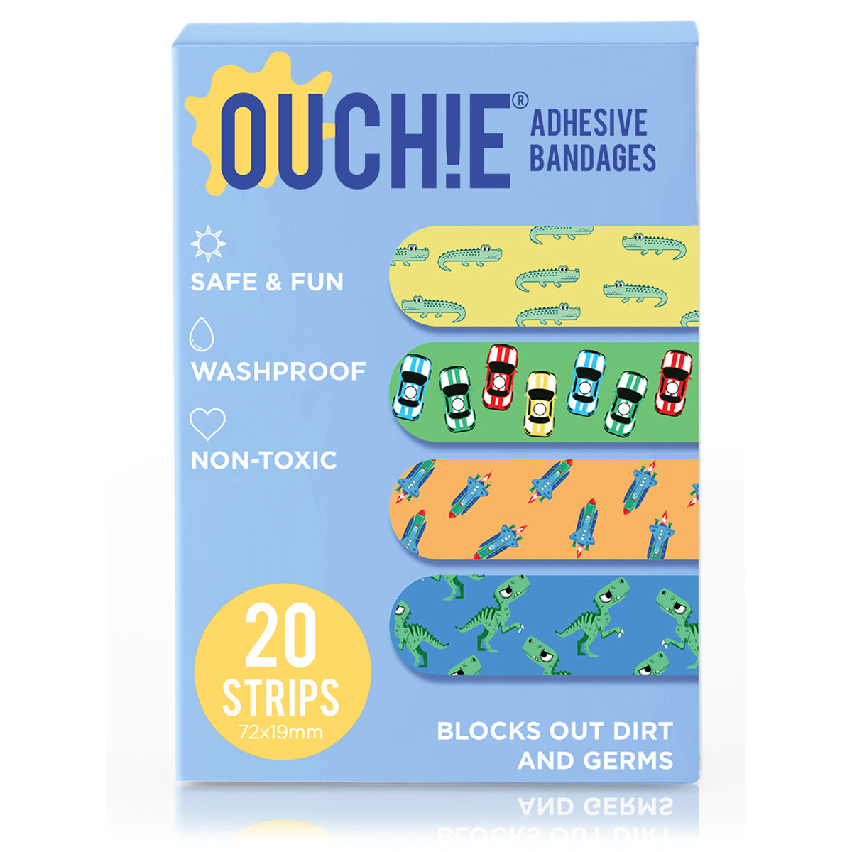 Ouchie Non-Toxic Printed Bandages Quadruple Set (80 Pack)- (PINK, ORANGE, BLUE & LAVENDER)