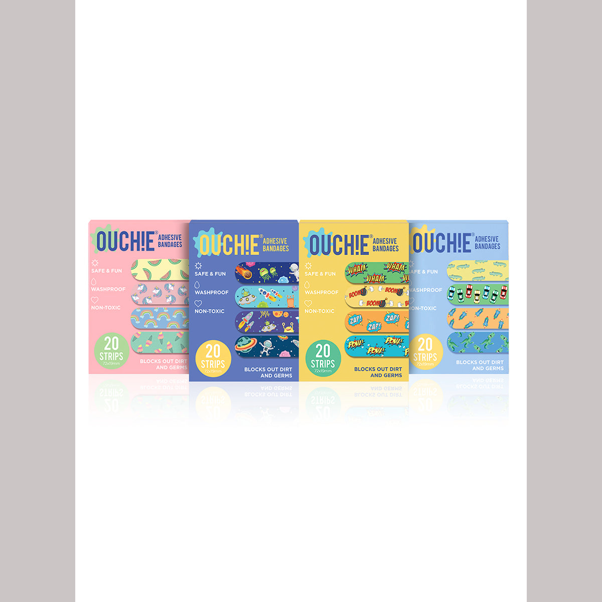AYA PAPAYA Ouchie NON-TOXIC Printed JUMBO Pack  (80 PACK) - Pink, Space Blue, Yellow, Blue