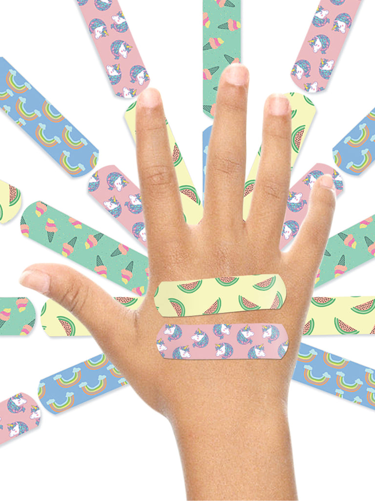 Ouchie Non-Toxic Printed Bandages Jumbo Pack (80 Pack) - Pink, Lime Green, Lavender & Space Blue