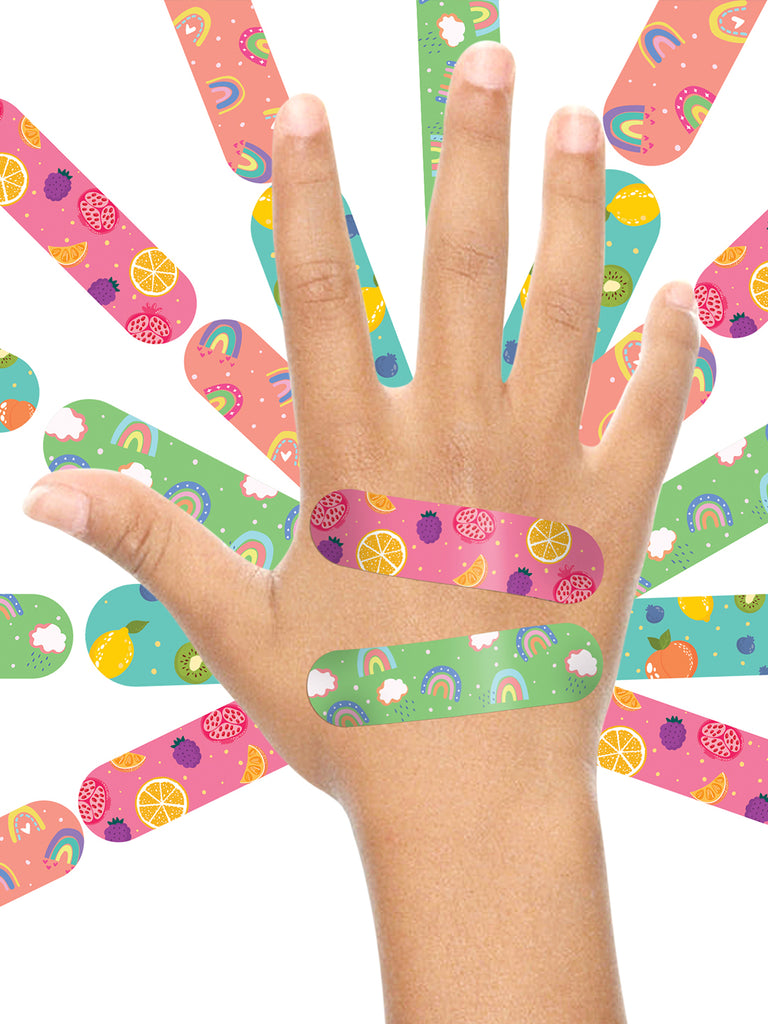 Ouchie Non-Toxic Printed Bandages Jumbo Pack (80 Pack) - Pink, Lime Green, Lavender & Space Blue