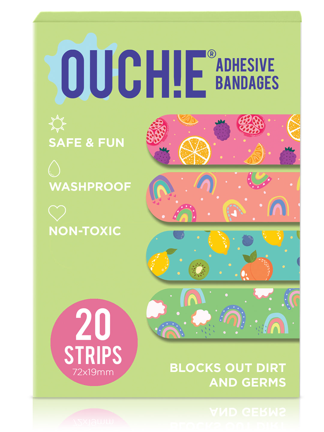 Ouchie Non-Toxic Printed Bandages Triple Combo (60 Pack) - Pink, Lime Green & Lavender
