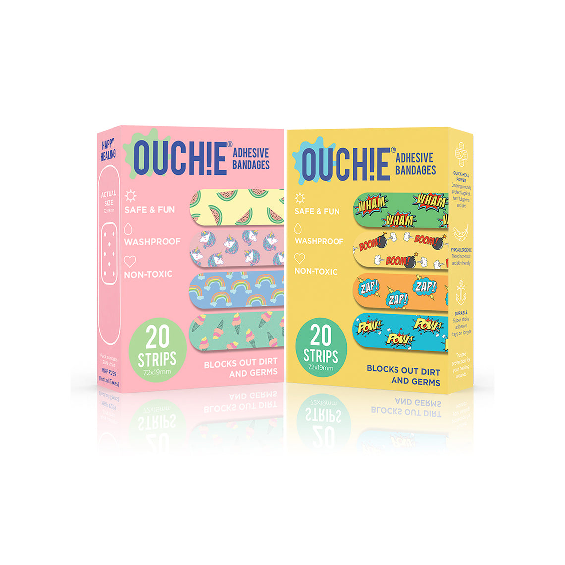 Ouchie Non-Toxic Printed Bandages Combo Set of 2 (40 Pack) - Pink & Yellow