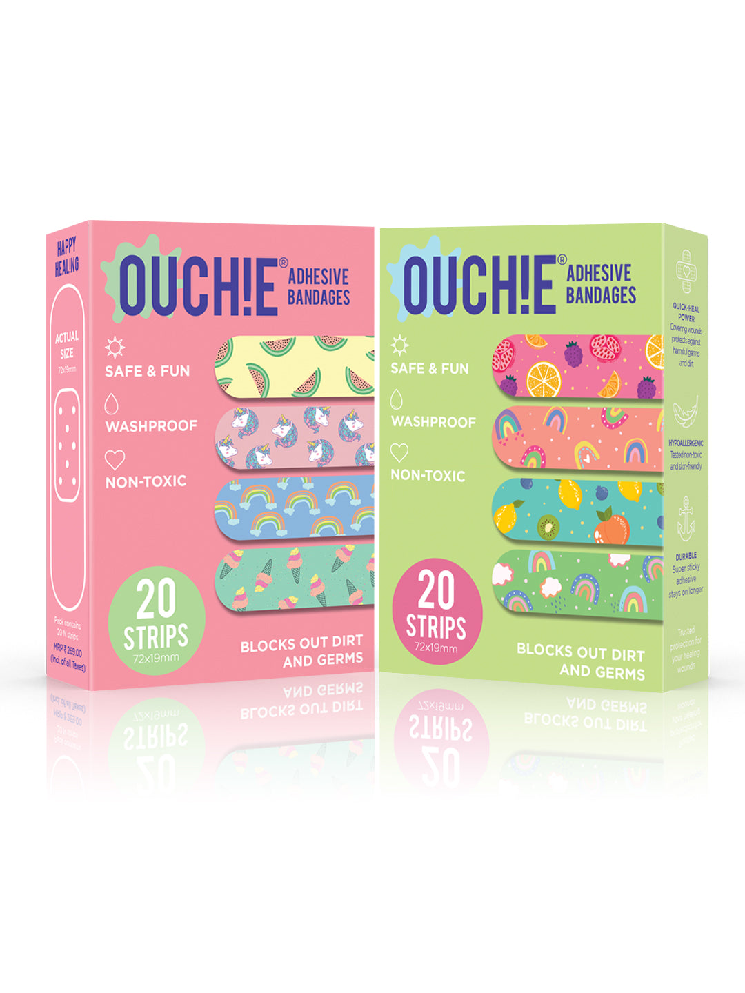 Ouchie Non-Toxic Printed Bandages Double Combo Set (40 Pack) - Pink & Lime Green