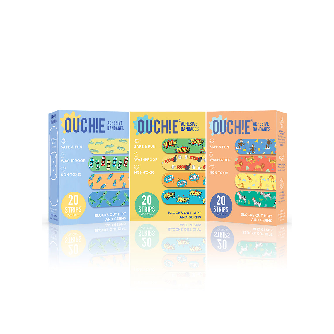 Ouchie Non-Toxic Printed Triple Combo (60 Pack) - Blue, Yellow, Orange