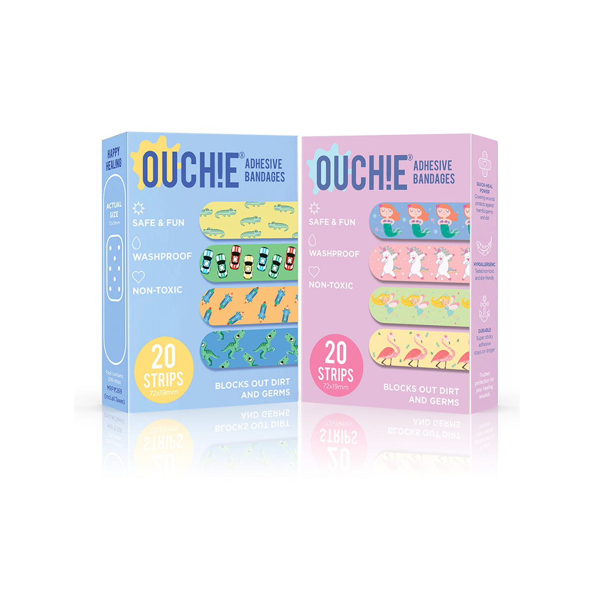 Ouchie Non-Toxic Printed Bandages COMBO Set of 2 (2 x 20= 40 Pack)- (BLUE & LAVENDER)
