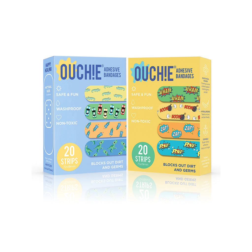 Ouchie Non-Toxic Printed Bandages Combo Set of 2 (40 Pack) - Blue & Yellow