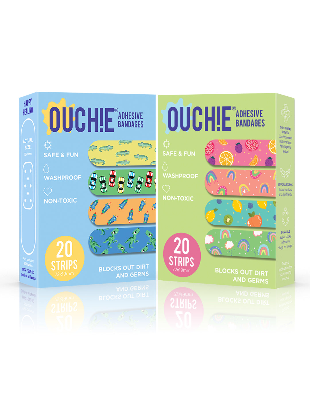 Ouchie Non-Toxic Printed Bandages Double Combo Set (40 Pack) - Blue & Lime Green
