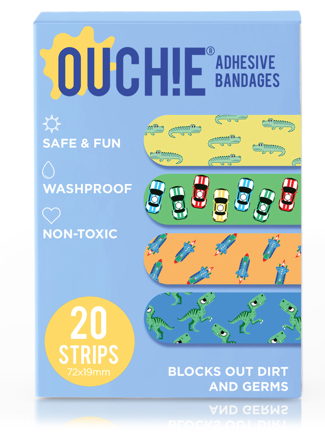 Ouchie Non-Toxic Printed Bandages Double Combo Set (40 Pack) - Blue & Lime Green