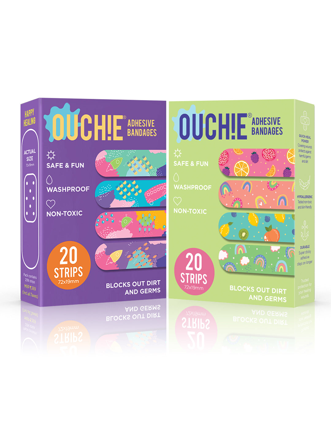 Ouchie Non-Toxic Printed Bandages Double Combo Set (40 Pack) - Purple & Lime Green