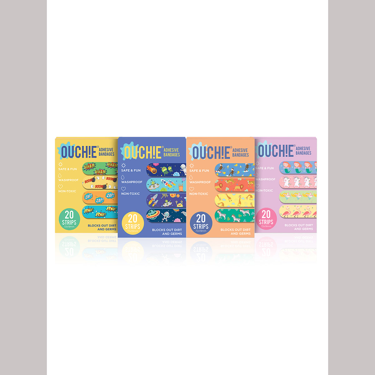 AYA PAPAYA Ouchie NON-TOXIC Printed JUMBO Pack  (80 PACK) - Yellow, Space Blue, Orange, Lavender