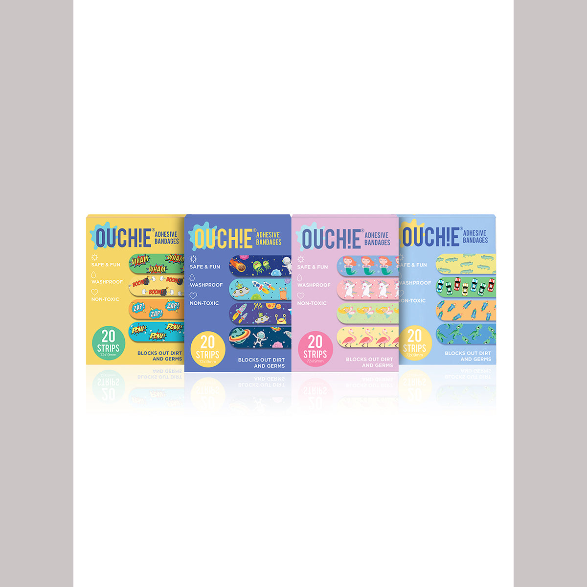 AYA PAPAYA Ouchie NON-TOXIC Printed JUMBO Pack (80 PACK) - Yellow, Space Blue, Lavender, Blue