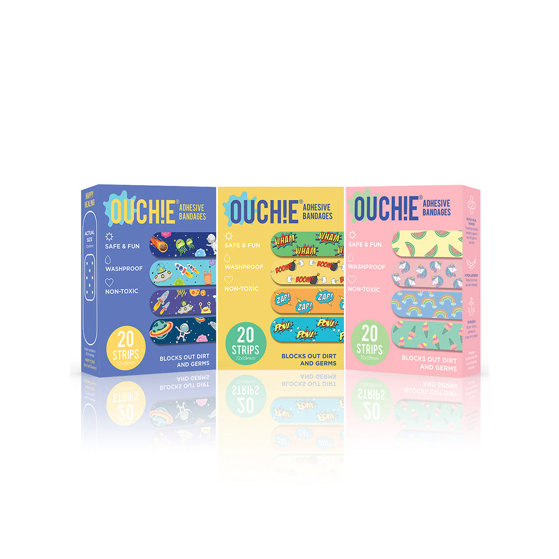 Ouchie Non-Toxic Printed Triple Combo (60 Pack) - Space Blue, Yellow, Pink