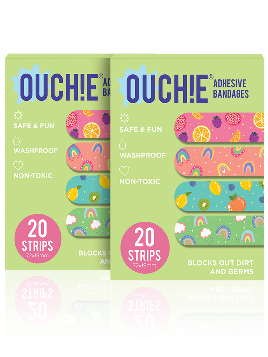 Ouchie Non-Toxic Printed Bandages Double Combo - (40 Pack) - 2 X Lime Green