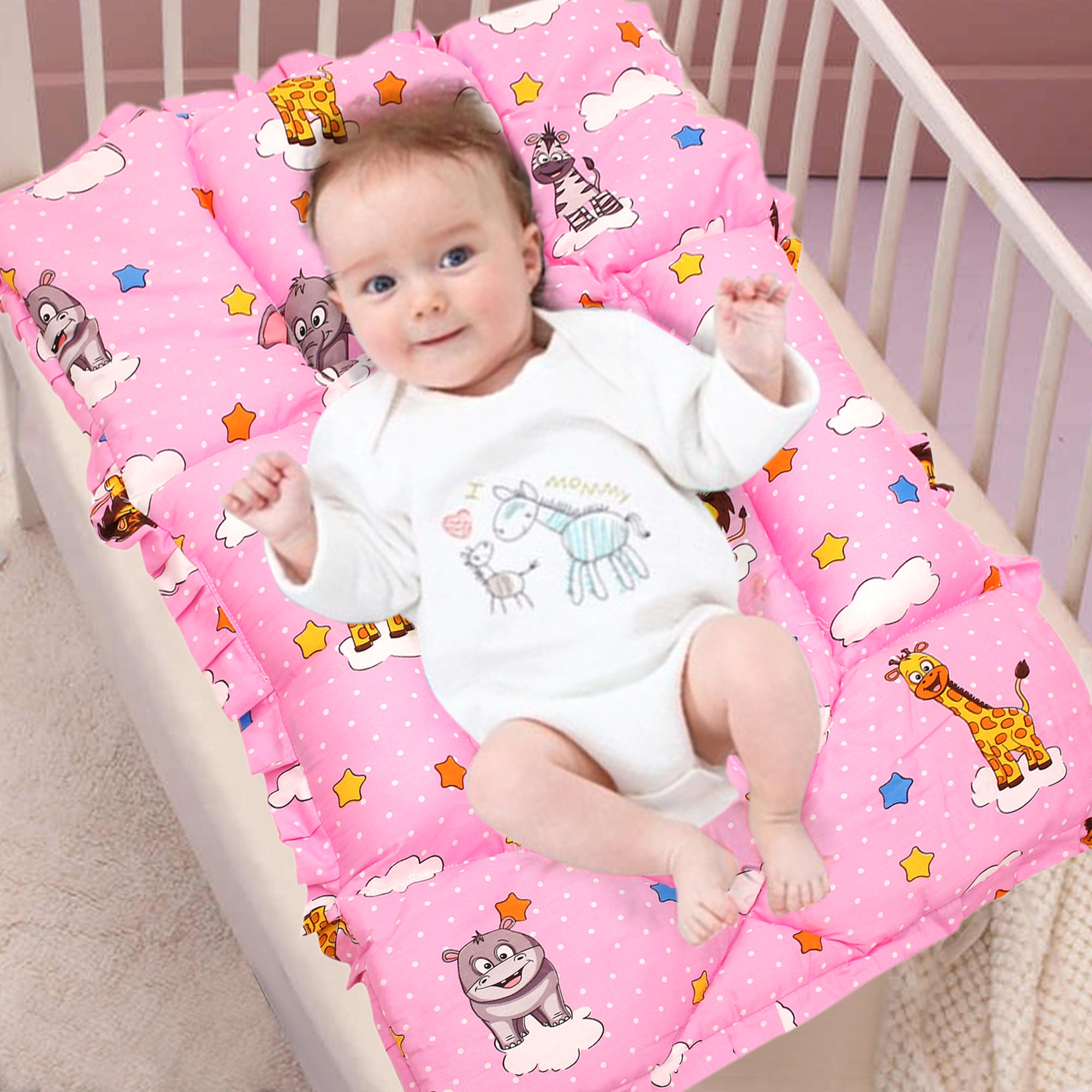 Baby Moo Mattress With Fixed Neck Pillow And Bolsters Flying Animals Pink