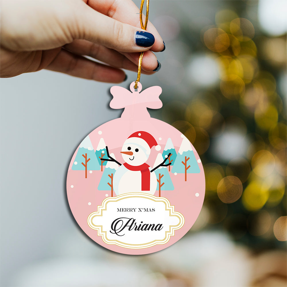 Personalised Merry Snowman Pink Printed Ornament