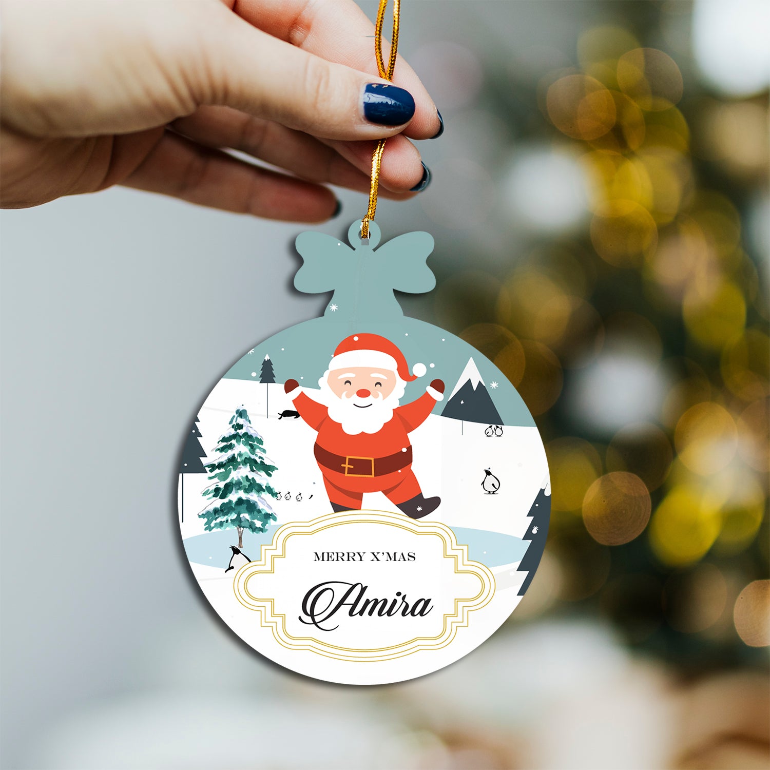 Personalised Santa Playing in The Snow Printed Ornament