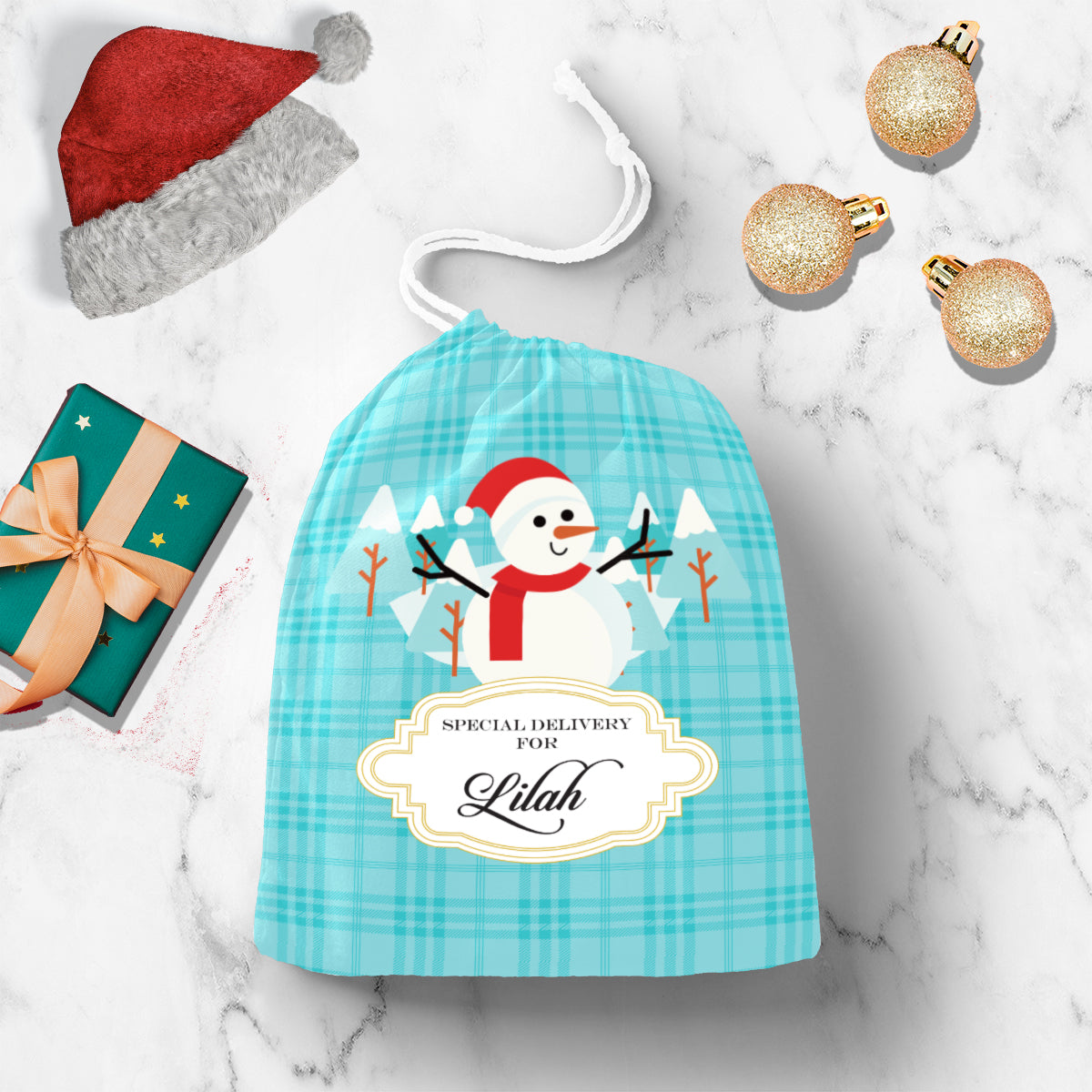 Personalised Merry Snowman (Blue) Gift Sack