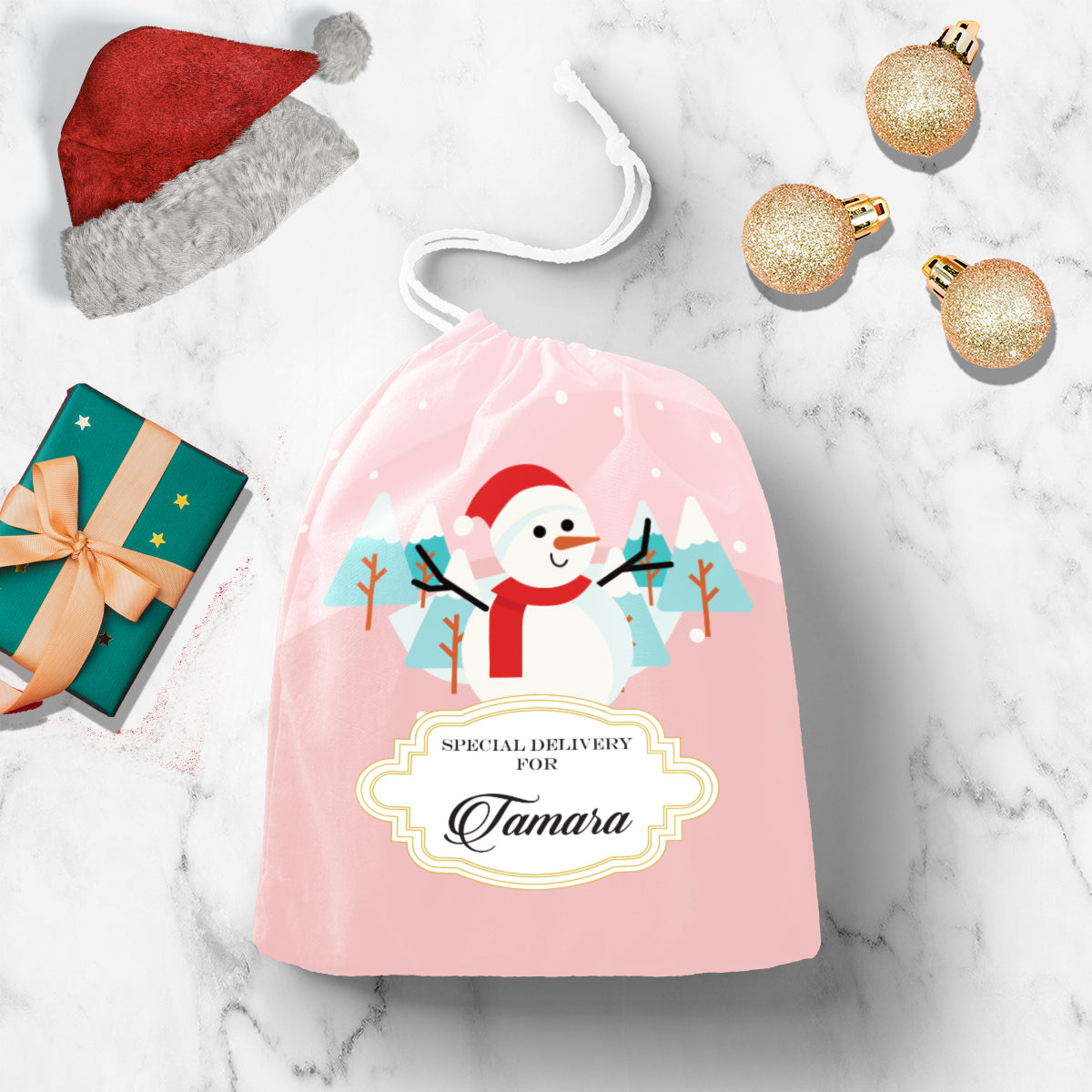 Personalised Merry Snowman (Pink) Gift Sack