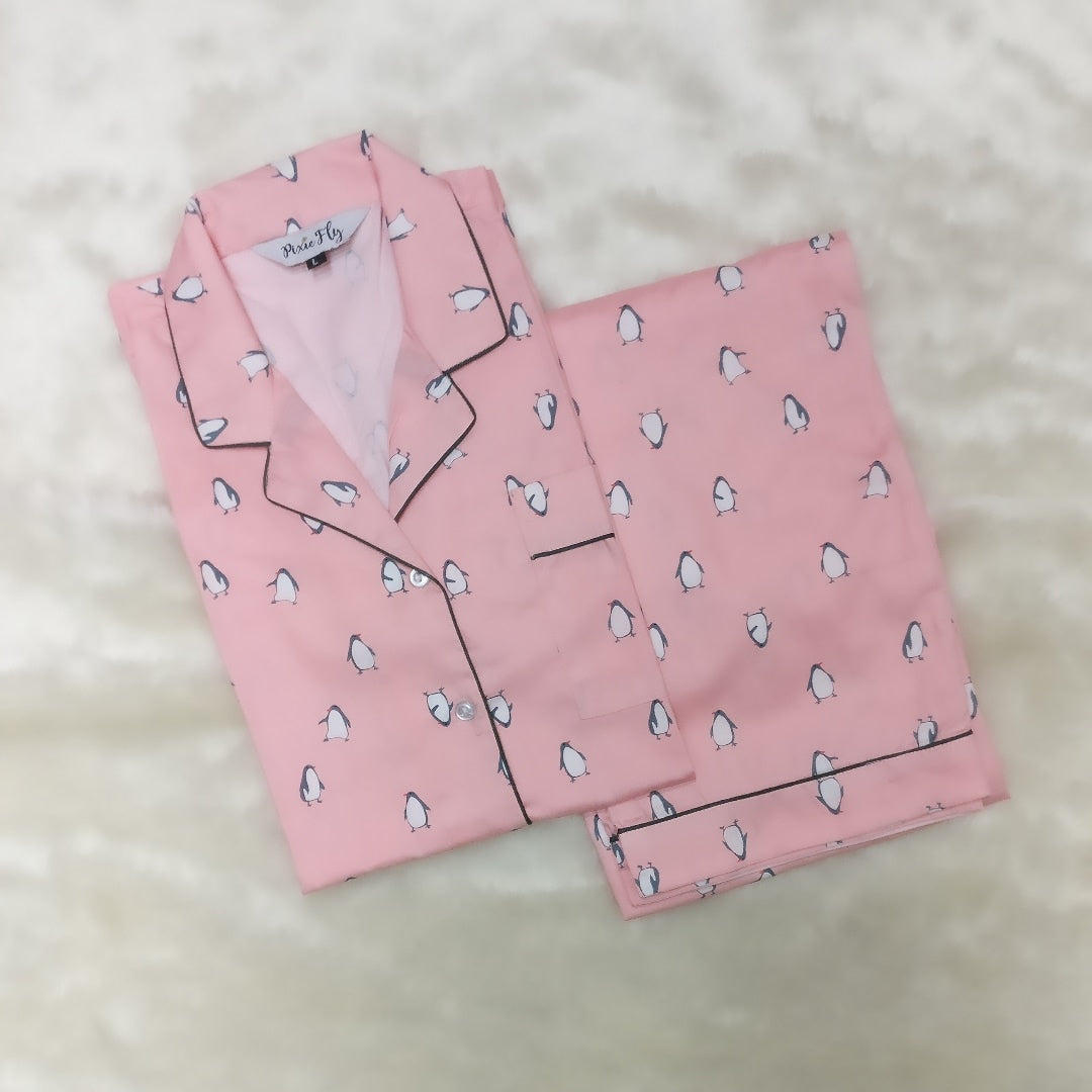 Adult Pyjama Set - Peach Penguins, For Women