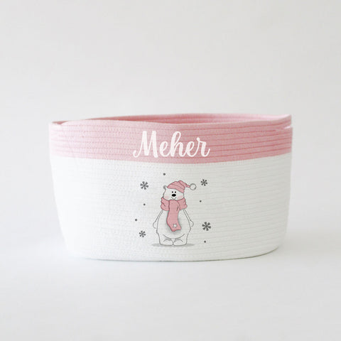 Personalised Christmas Basket - Medium - Polar Bear - Pink