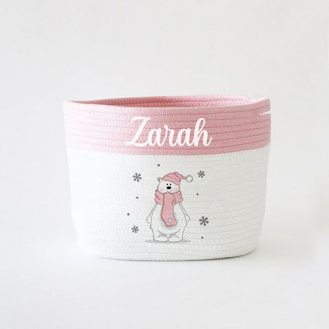 Personalised Christmas Basket - Small - Polar Bear - Pink