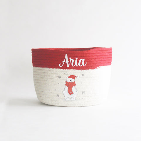 Personalised Christmas Basket - Small - Polar Bear - Red/Off White