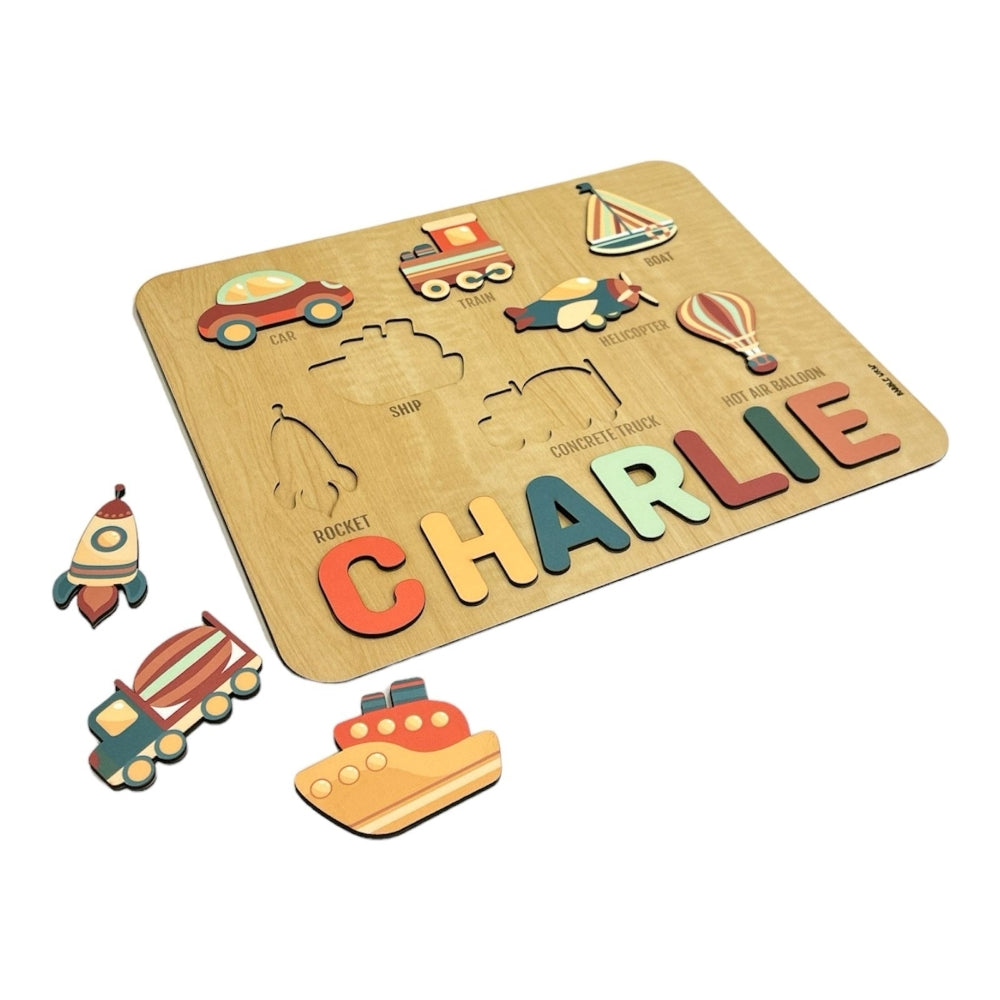 Personalised Wooden Name Puzzle- Transport