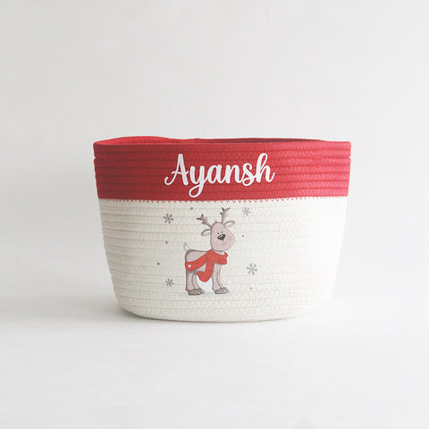 Personalised Christmas Basket - Small - Reindeer - Red/Off White