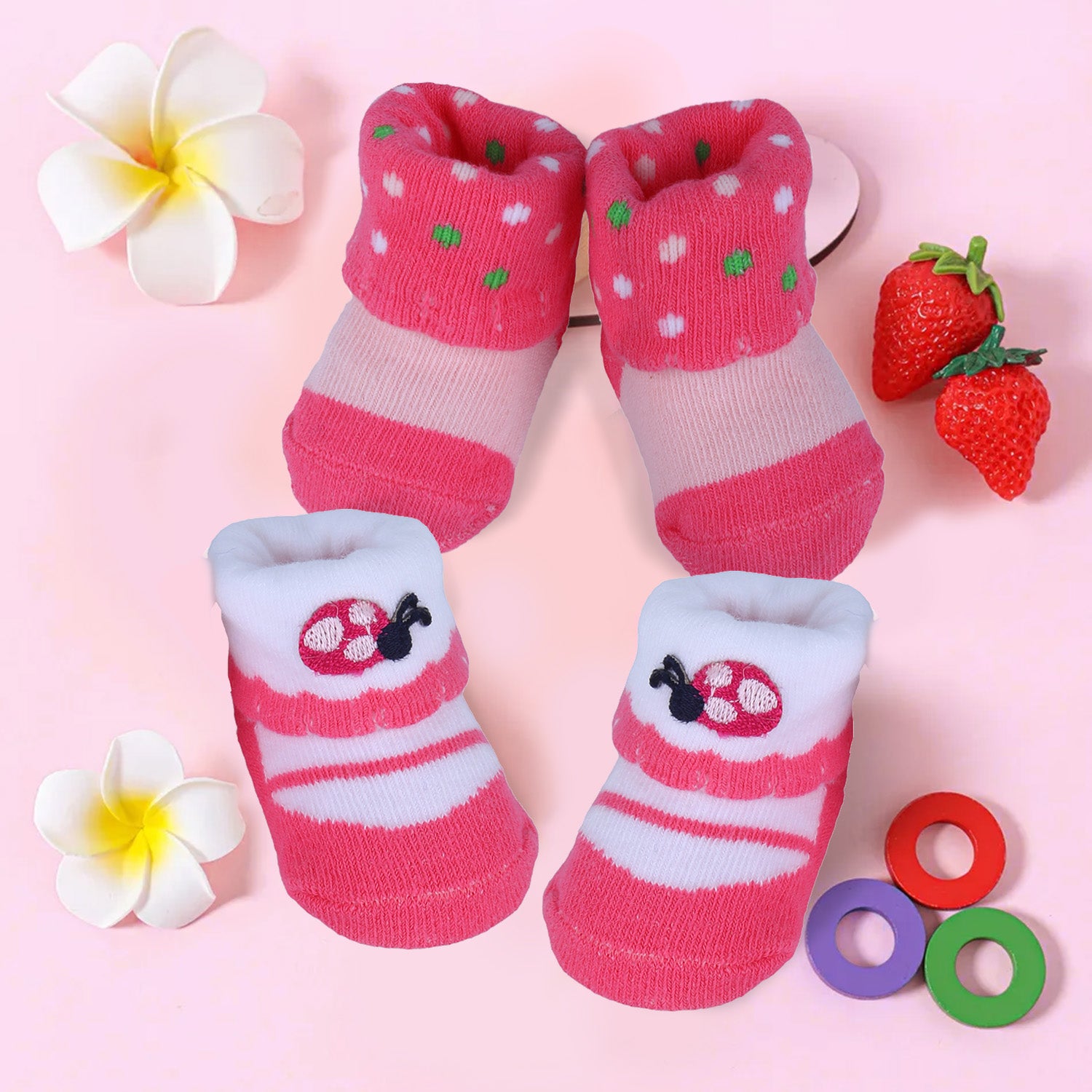 Baby Moo Ladybug Polka Dotted Newborn Breathable Infant Cotton Socks - Pink