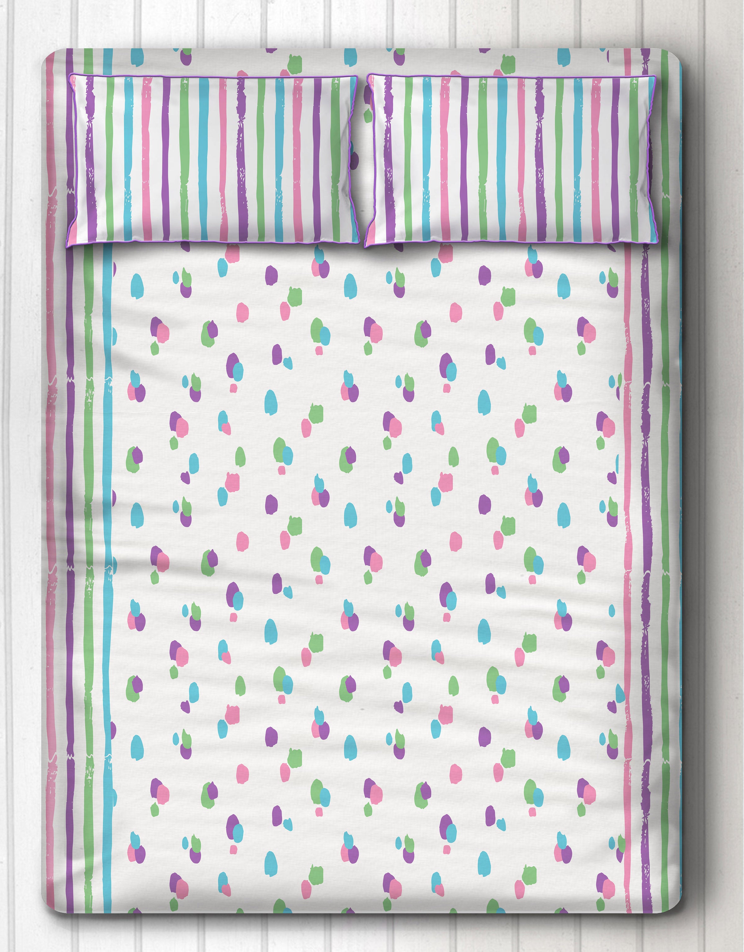 Dots and Stripes Double Bedsheet with Two Pillow Covers - Cotton Candy