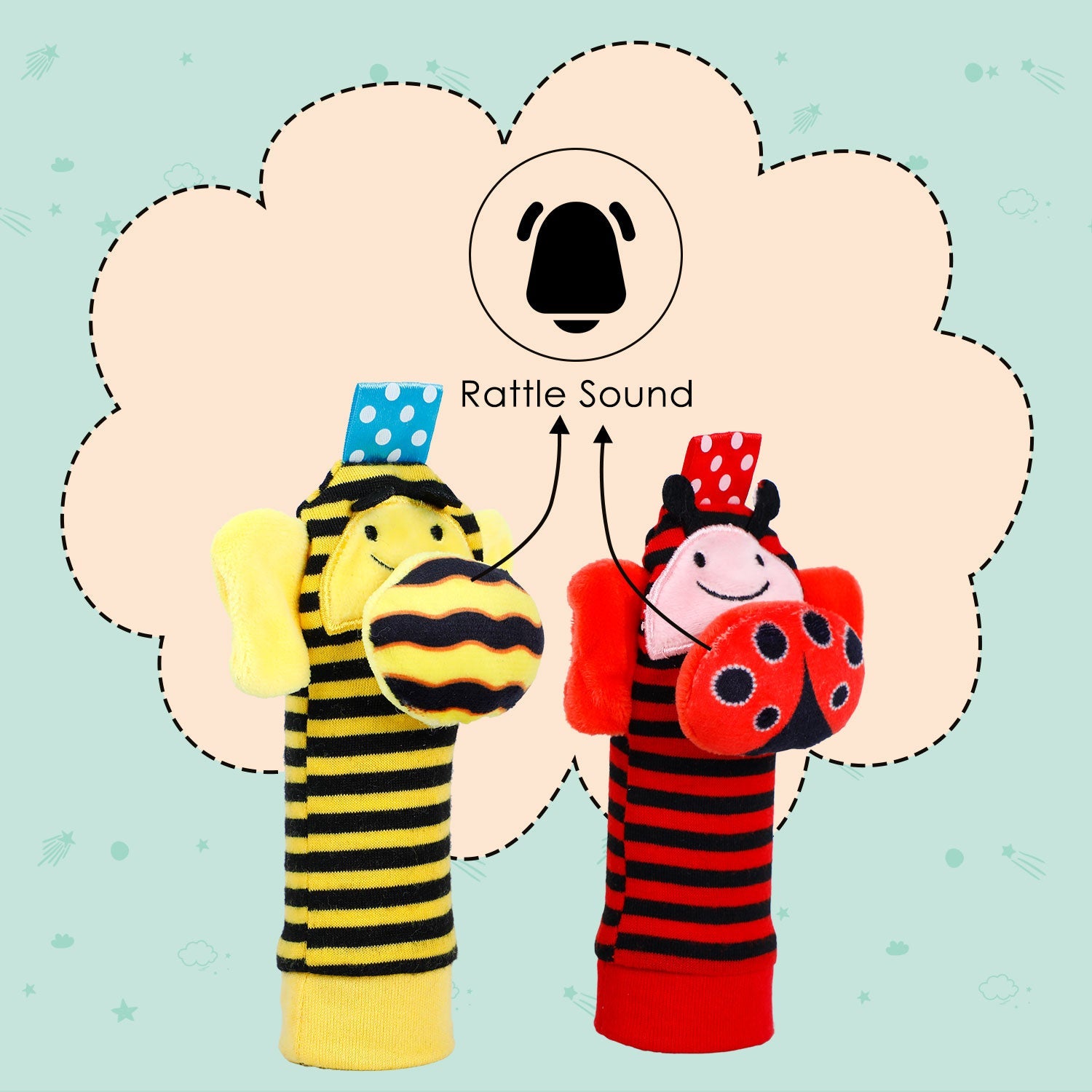 Baby Moo Buzzing Bee And Ladybug Striped Set of 2 Socks Rattle - Red, Yellow
