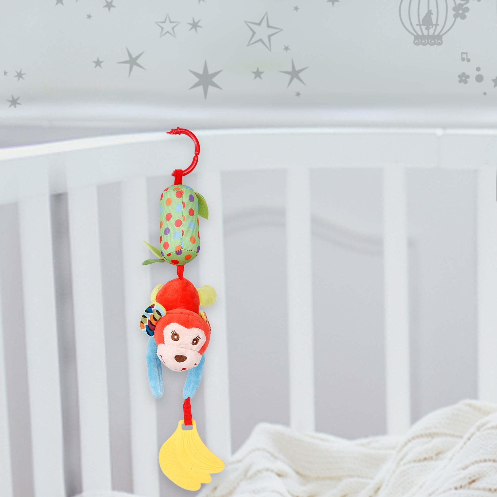 Baby Moo Swinging Monkey Red And Multicolour Hanging Toy / Wind Chime With Teether
