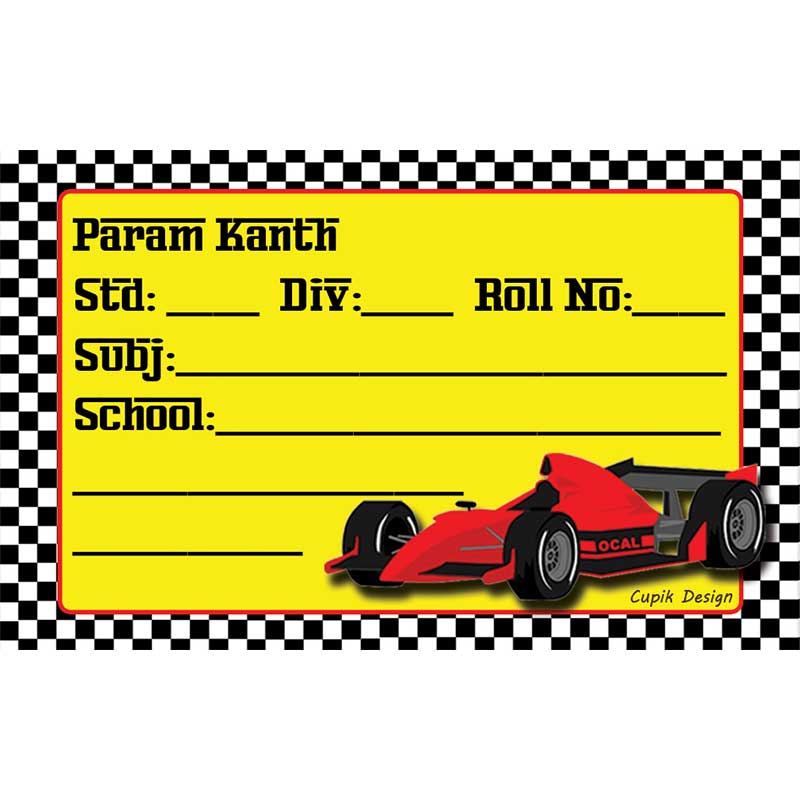 Personalised School Book Labels - Race Car, Pack of 20