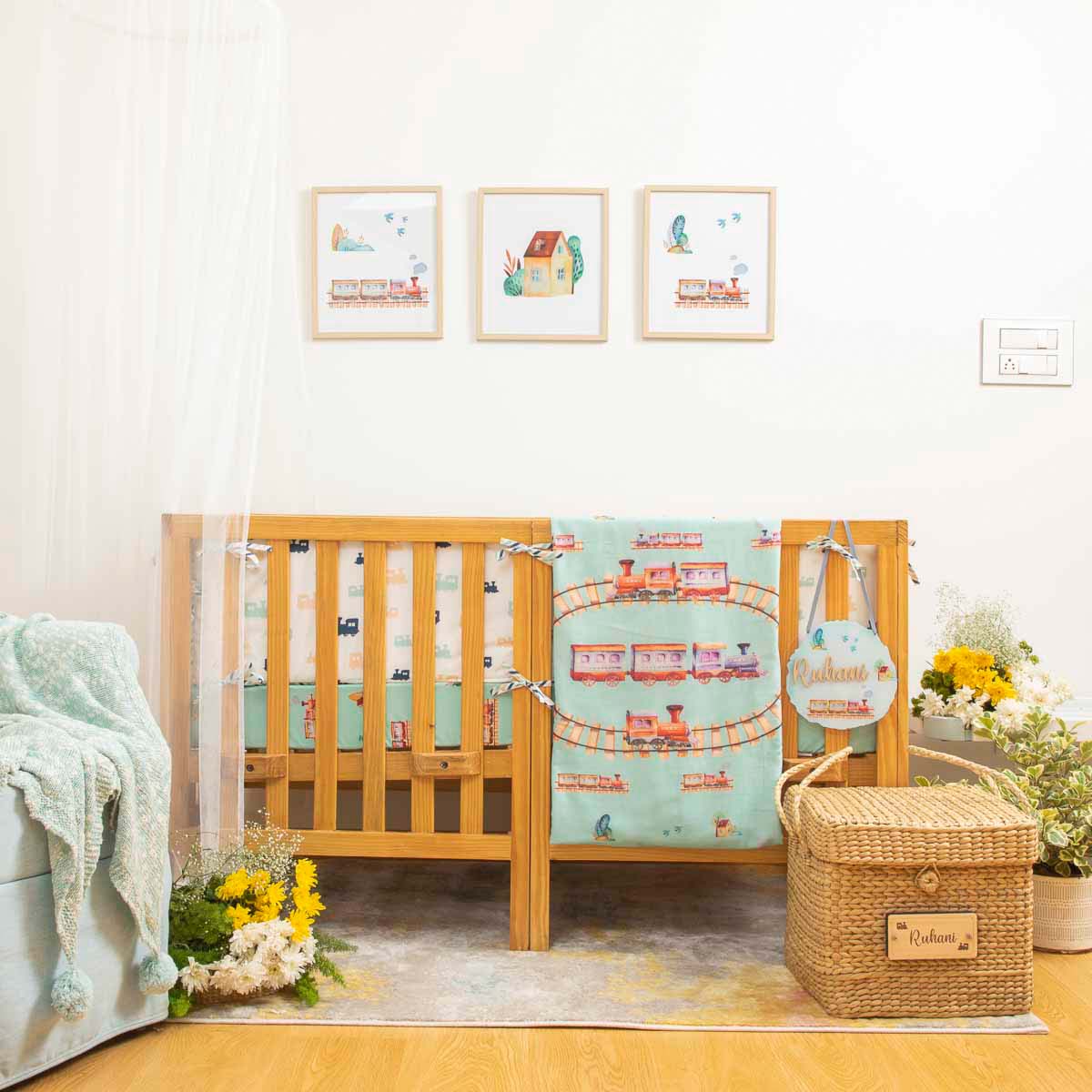 Ollie The Train - Cot Bedding Set With / Without  Bumper - Nevada Sky Blue