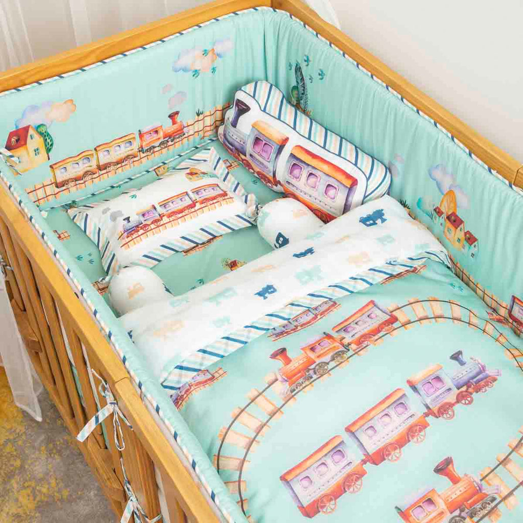 Ollie The Train - Cot Bedding Set With / Without  Bumper - Nevada Sky Blue