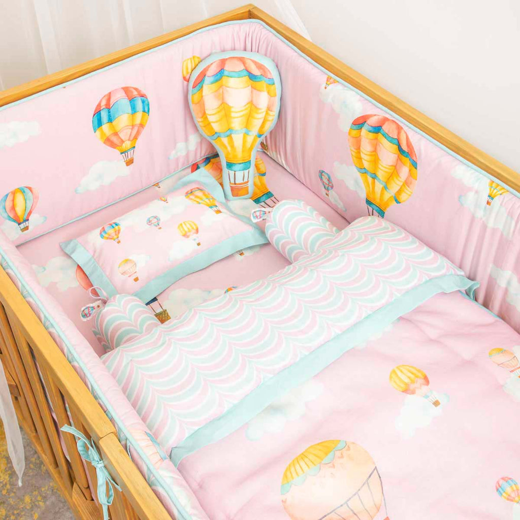 Cappadocia Hot Air Balloons - Cot Bedding Set With/Without Bumper - Blush Pink