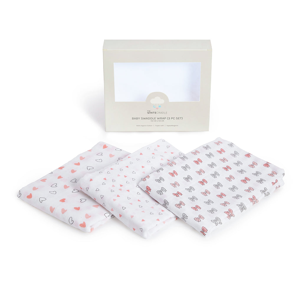 The White Cradle 100% Organic Cotton Baby Swaddle Wrap - Pink 3 design