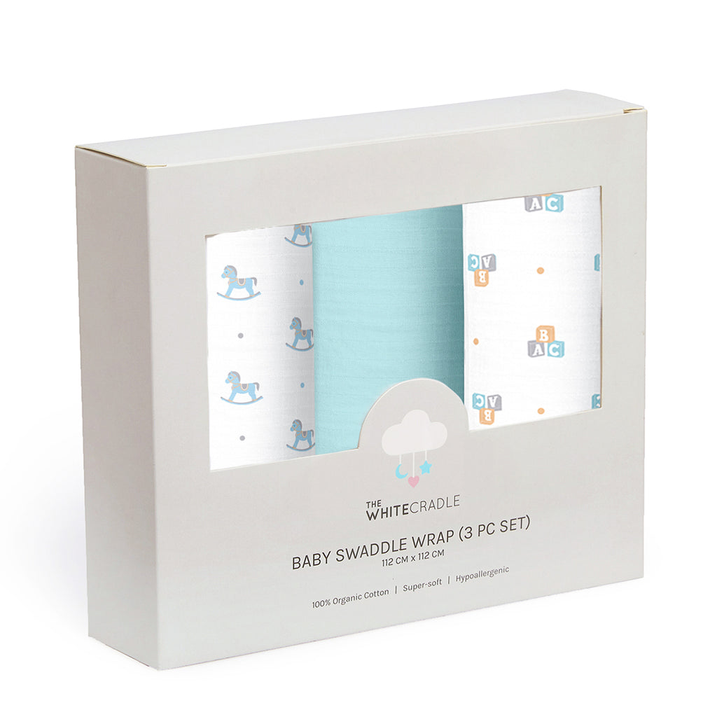 The White Cradle 100% Organic Cotton Baby Swaddle Wrap - Blue Bear 3 design